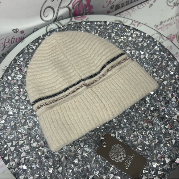 Vince Camuto hat toque beanie knitted cream with metallic shimmer stripes NWT main image 6